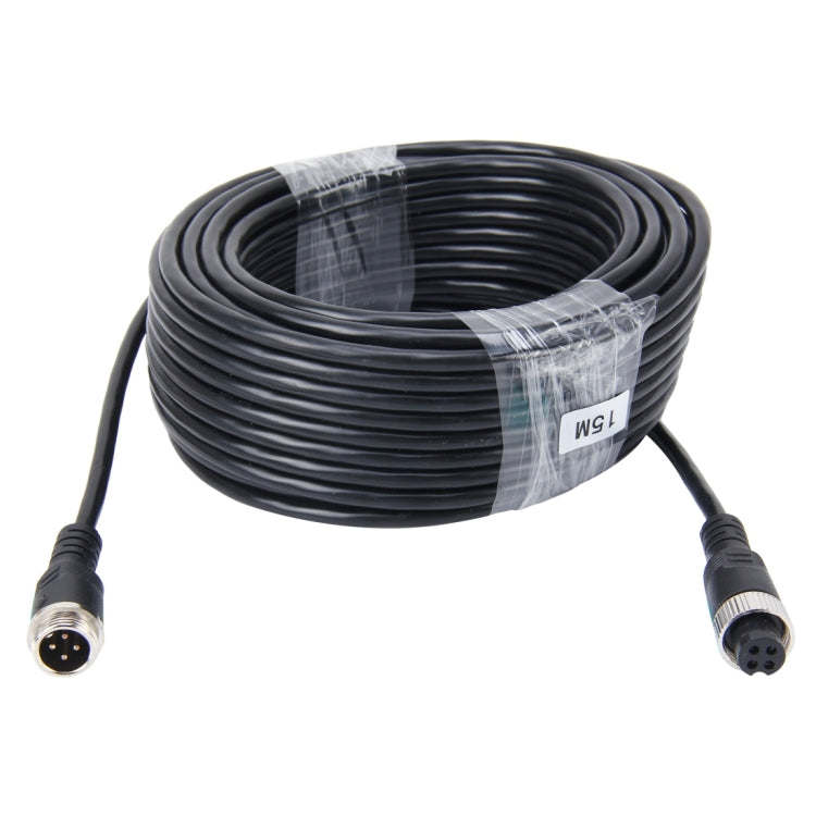 Coiled black M12 4-pin extension cable with two aviation connectors, 15 m