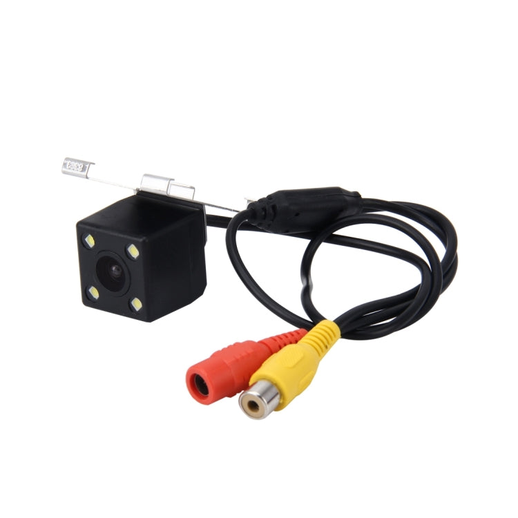 Rear view backup camera with attached cable and RCA video and power connectors