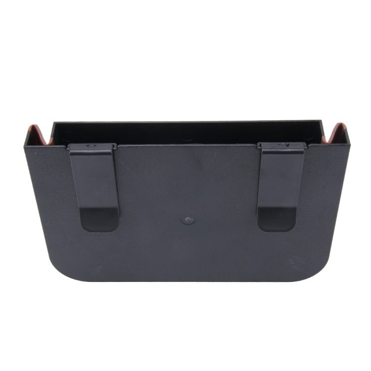 Car storage organizer box with black interior, brown sides, and two front hanging tabs