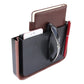 Car seatback organizer box with faux-leather back, phone slot, and pen/key holder
