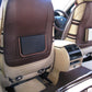 Car seatback organizer pouch on front seat with central storage pocket
