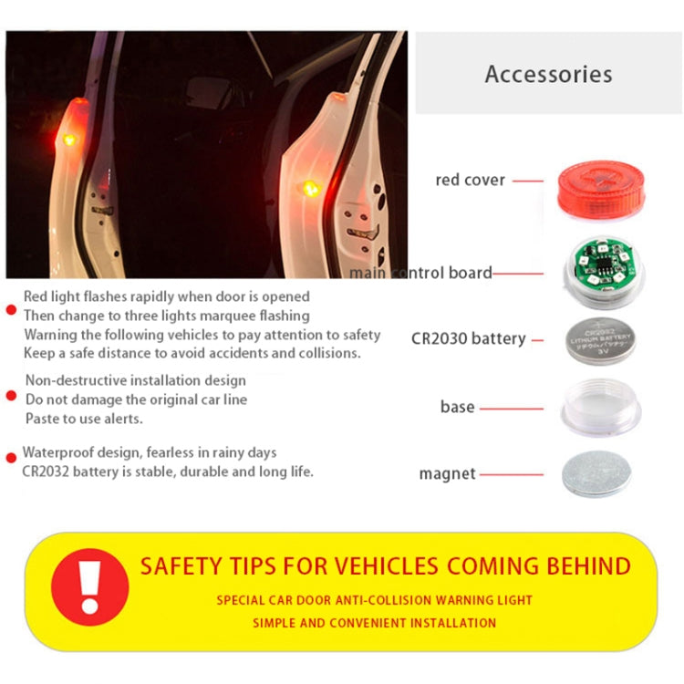 Car door warning light components: red cover, control board, base, and magnet