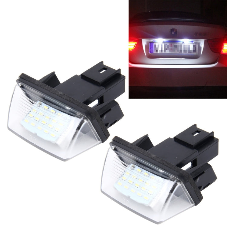LED license plate light pair with black housing and clear lens, for Peugeot-style mounts