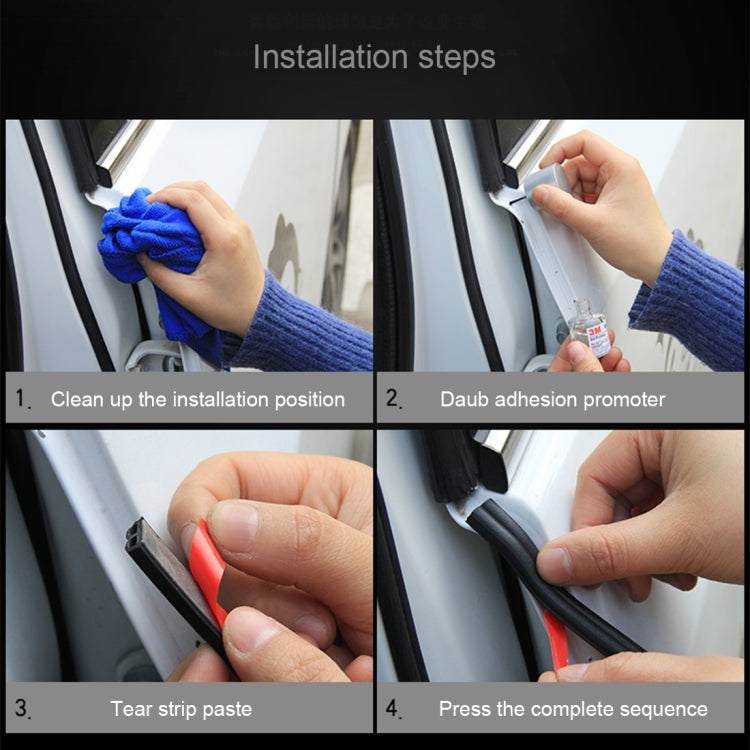 Installation steps for black rubber B-shape seal strip on car door frame