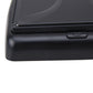 Black foldable car monitor side with latch button and hinge area close-up