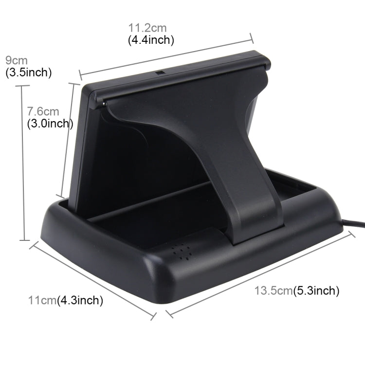 Foldable car monitor with black base and stand, shown with size measurements diagram