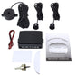 Parking sensor system kit with monitor box, coiled cables, buzzer, instruction card, and sensor pads