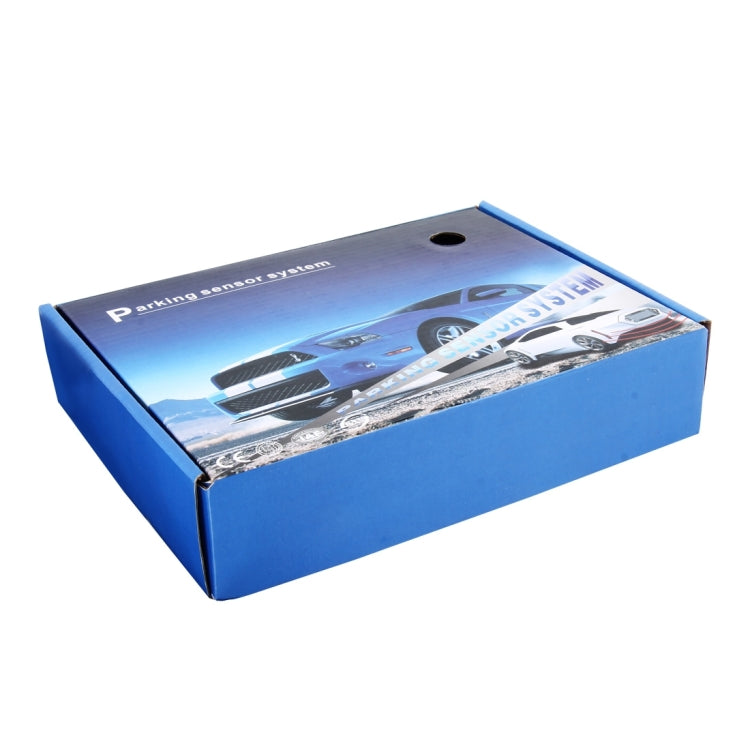 Retail product box for parking sensor system with car graphic and blue packaging