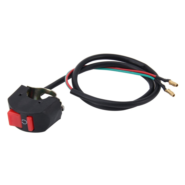 Motorcycle flameout kill switch with black housing and red rocker, wiring harness
