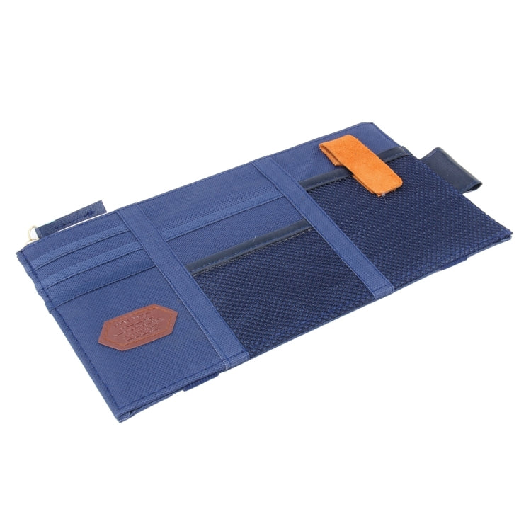 Blue car sun visor organizer with multiple pockets and top strap