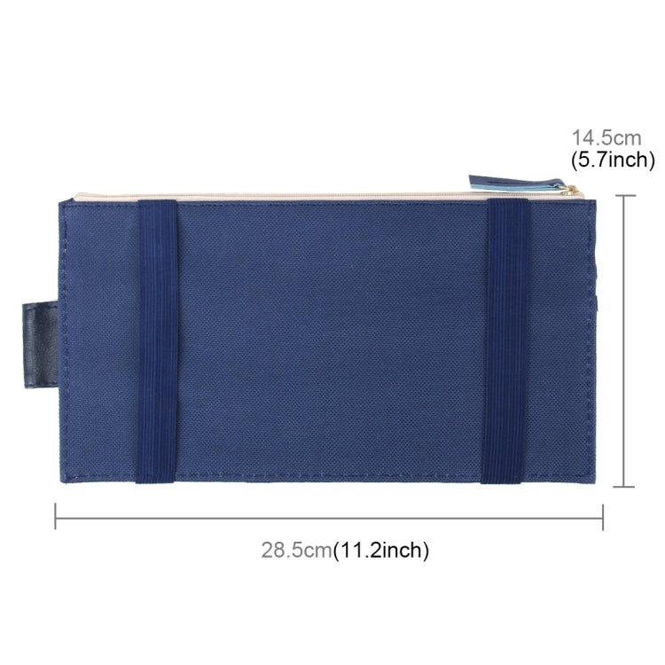 Blue car sun visor organizer with side pockets and measured pouch size