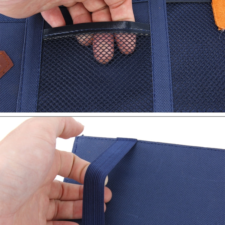 Blue car visor organizer with mesh pocket and elastic side holders