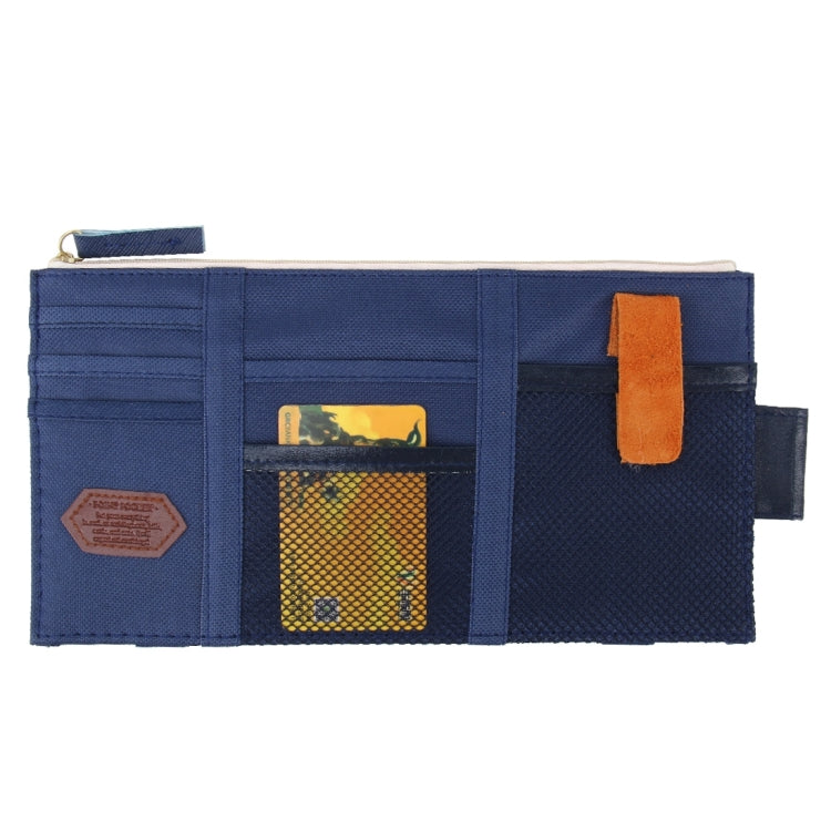 Blue car sun visor organizer with card slots and inner storage pocket