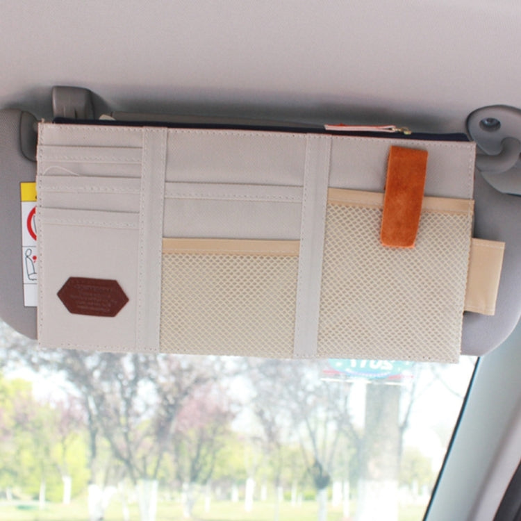 Khaki car sun visor organizer with card slots and sunglass pocket