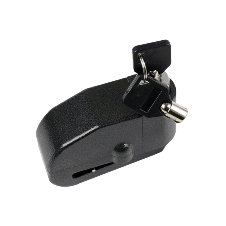 Motorcycle alarm warning lock with keys, black metal body with hanging key ring