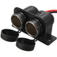 Dual-port car cigar socket adaptor with two black ports and protective caps, mounting base