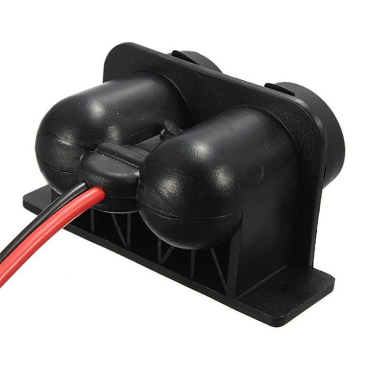 Dual-port car cigar socket adaptor with red wire, black housing and two port openings