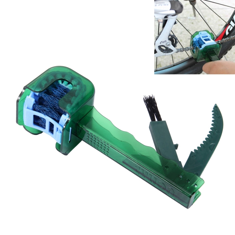 Green bicycle chain cleaning brush with blue bristles and scraper blades