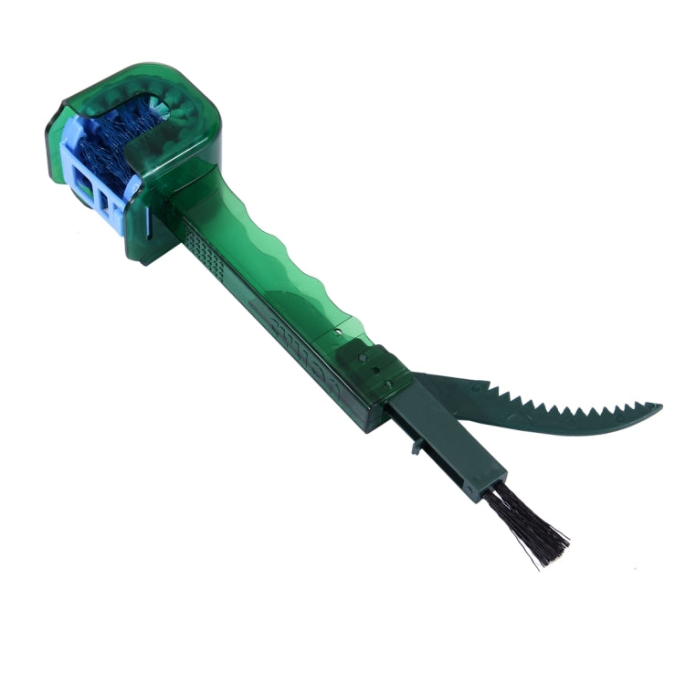 Green bicycle chain cleaning tool with blue bristles and black scrubbing end