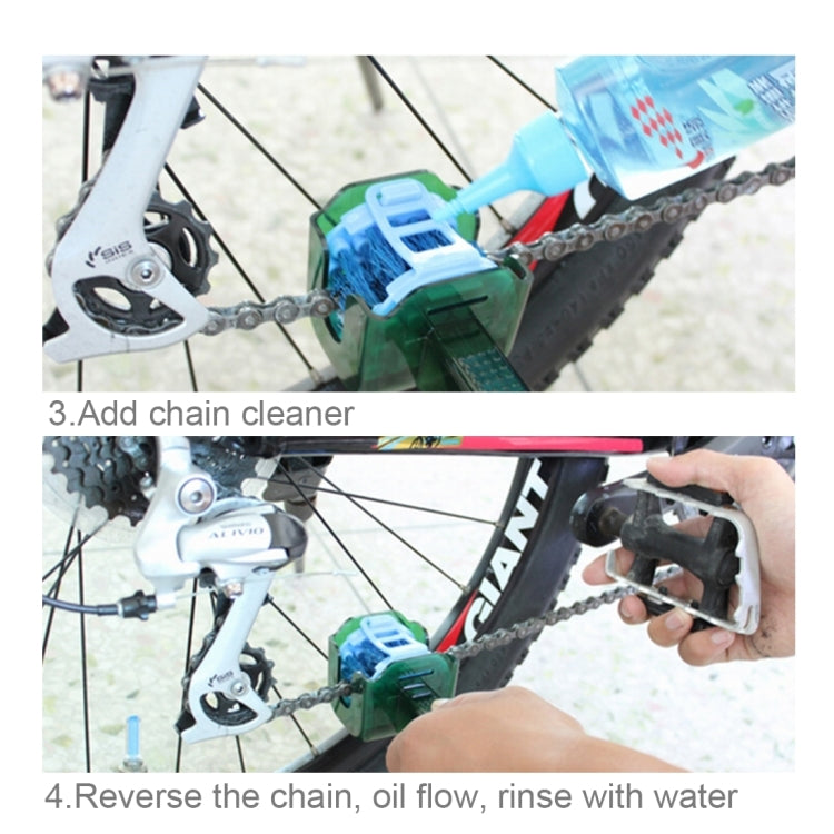 Squeezing chain cleaner onto bicycle chain with green holder and blue bristle brush