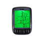 Black wired bicycle computer displaying green LCD speed, time, and distance
