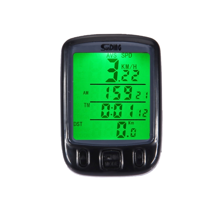 Black wired bicycle computer displaying green LCD speed, time, and distance