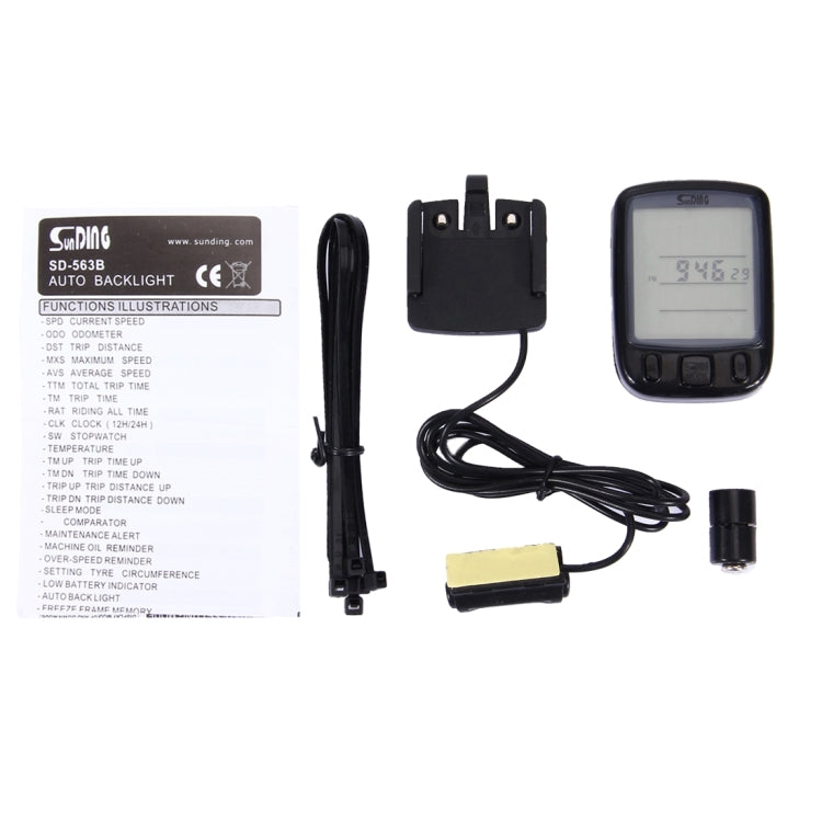 Bicycle wired computer kit with LCD unit, mount, cables, and instruction card