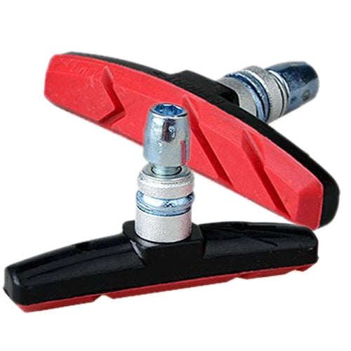 Red and black V-brake bicycle brake pads with silver mounting hardware
