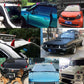 Red decorative rubber car horn caps on multiple car hoods, collage view.