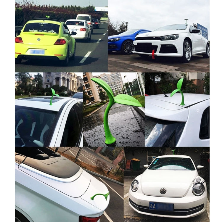 Green rubber decorative grass toppers on multiple car hoods in collage