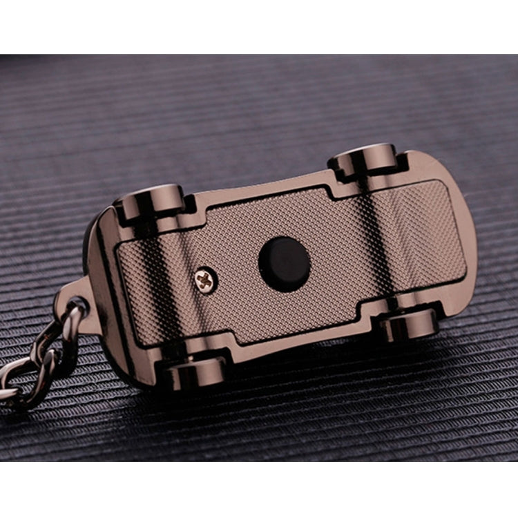 Metal car shape keychain holder with textured back plate, circular hinge, and metal ring.