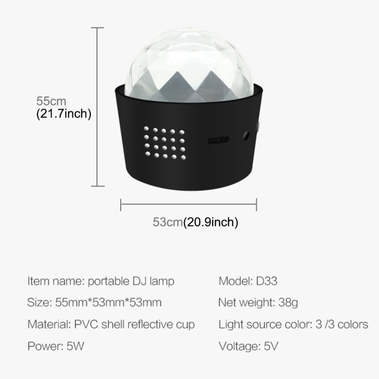 Portable DJ light with black housing and clear crystal top; compact round design