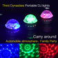 Portable DJ light glowing with blue, green, and purple rotating disco light effects