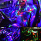 Portable DJ lights glowing colorful patterns across car seats and dashboard