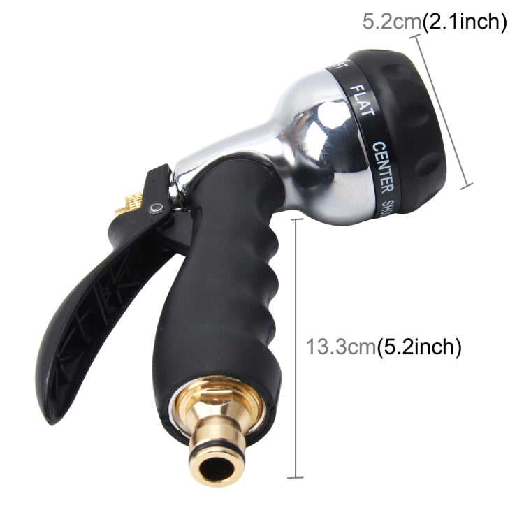 Black and silver multi-pattern garden spray gun with trigger handle and brass inlet