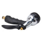 Garden spray gun with black grip and silver head, adjustable nozzle and brass fitting