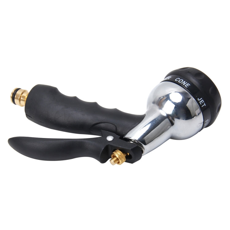 Garden spray gun with black grip and silver head, adjustable nozzle and brass fitting