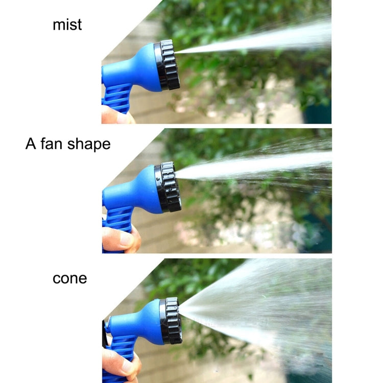 Blue garden spray nozzle showing mist, fan shape, and cone water spray patterns