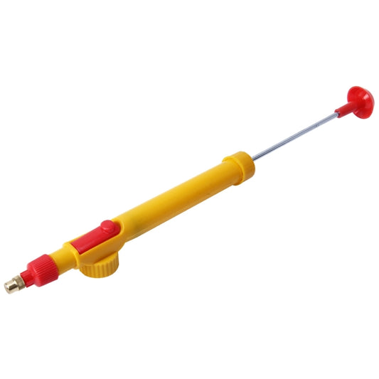 Yellow handheld sprayer with red nozzle cap and long metal spray wand, angled view.