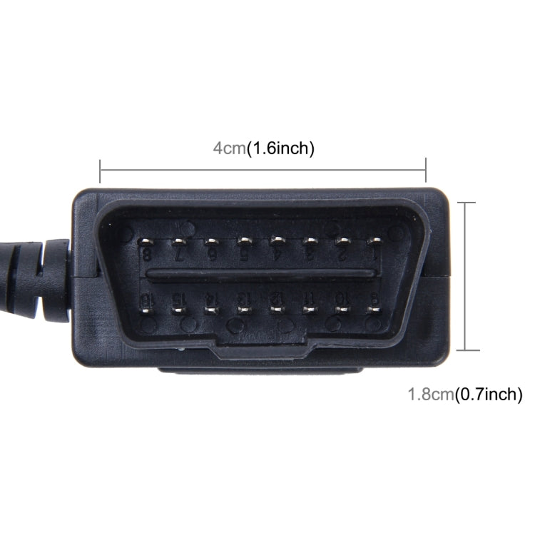 16-pin OBDII connector on car power adapter, front view with pin contacts