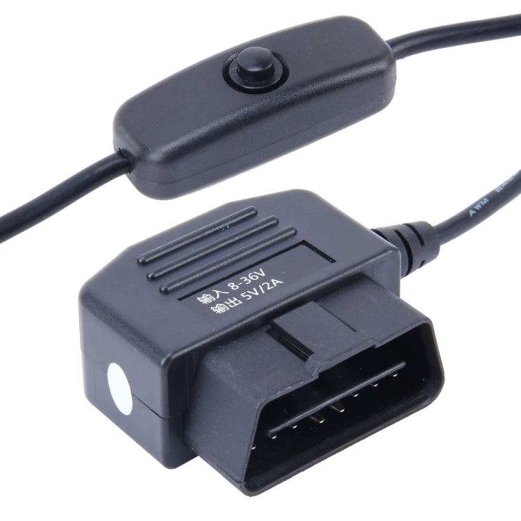 Car OBDII USB adapter with inline switch button and compact connector housing