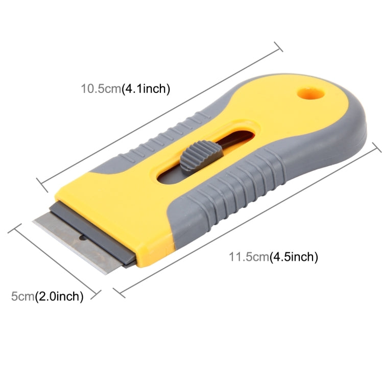Window film scraper tool with extended blade edge for glass film cleaning