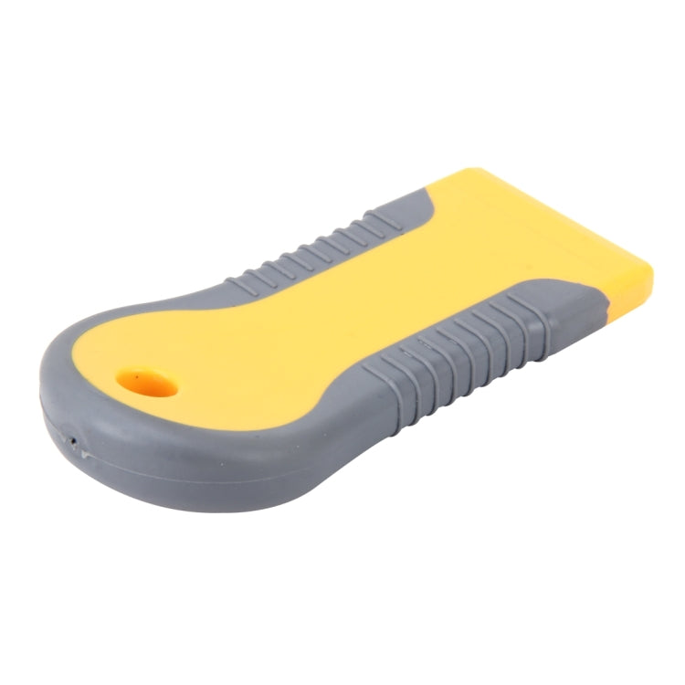 Window film scraper tool with yellow head and grey ergonomic handle