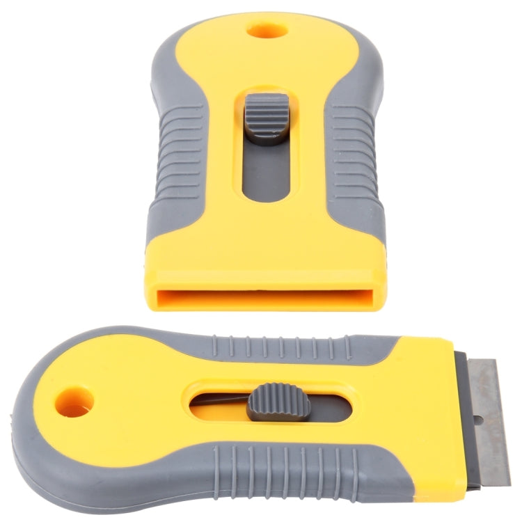 Window film scraper tool with retractable blade holder and yellow release knob