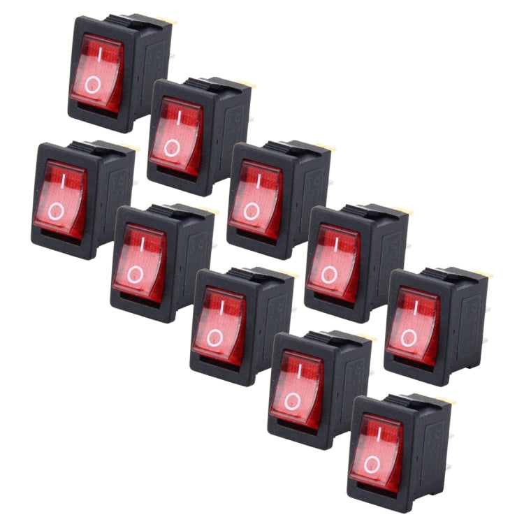 10-pack 3-pin rocker switches with red illuminated toggle, black housings