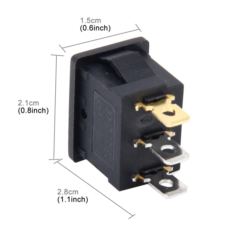 3-pin rocker switch dimensions view, black body with gold pins and red indicator