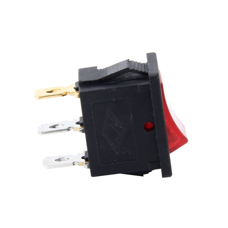 3-pin rocker switch with red cap and silver mounting tabs, black housing