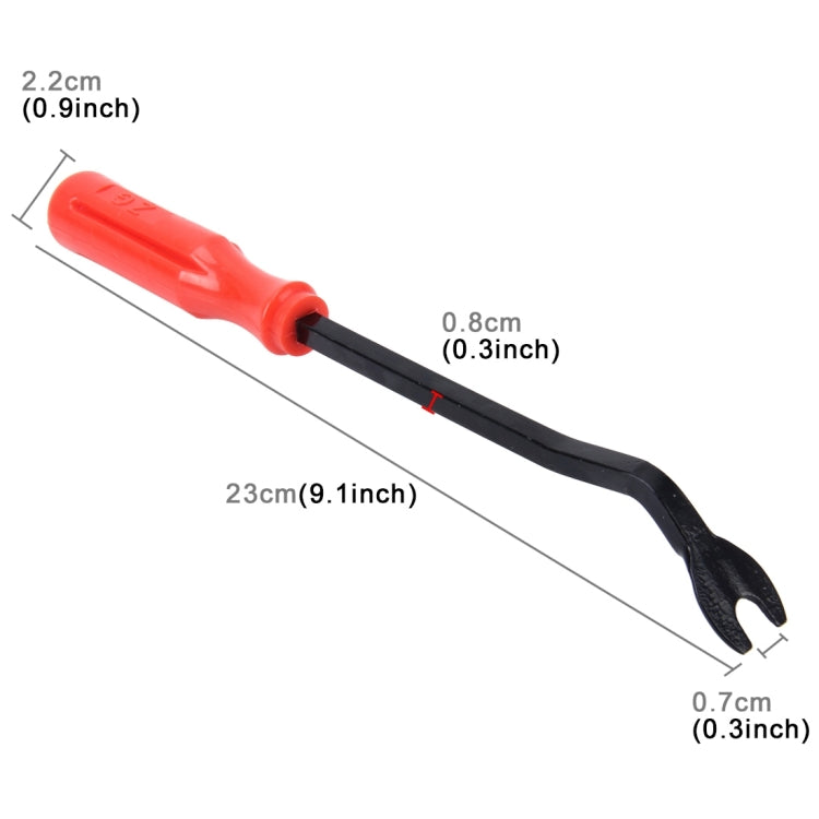 23 cm trim panel clip remover with red handle; black fork head measures 0.8 cm