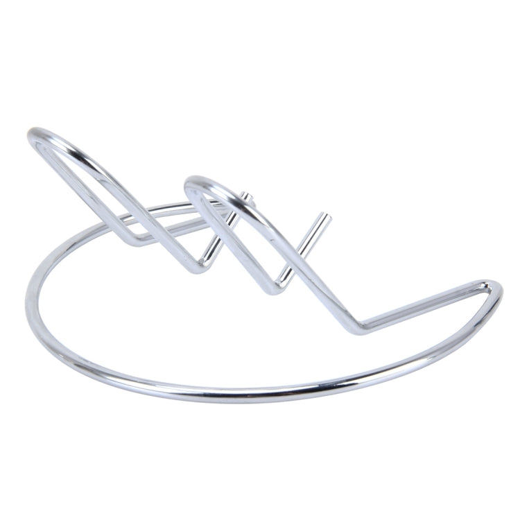 Chrome metal amplifier display holder from side view with curved base and top loop