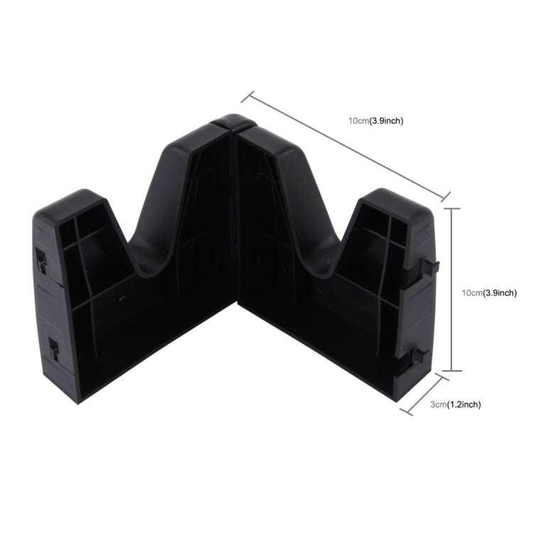 Black plastic vehicle stabilizer holder, multi-prong corner bracket with dimensions